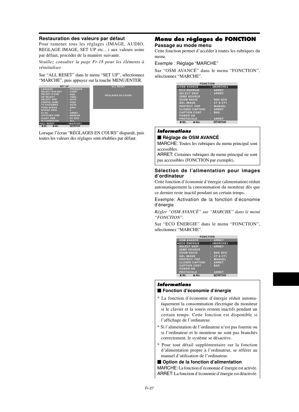 Menu des réglages de fonction, Restauration des valeurs par défaut, Passage au mode menu | NEC split screen Model User Manual | Page 65 / 148