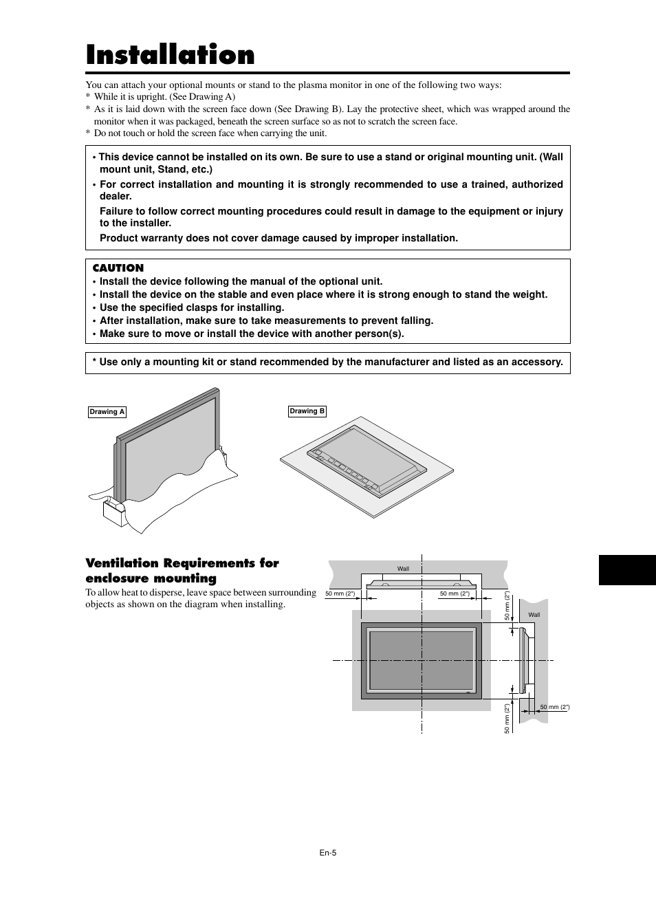 Installation, Ventilation requirements for enclosure mounting | NEC split screen Model User Manual | Page 7 / 148