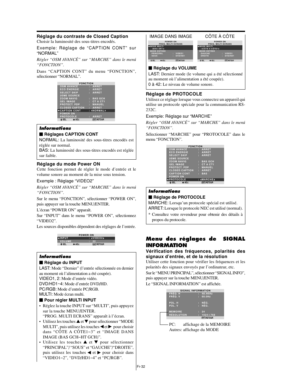 Menu des réglages de signal information, Réglage du contraste de closed caption, Réglage du mode power on | Réglage de protocole | NEC split screen Model User Manual | Page 70 / 148