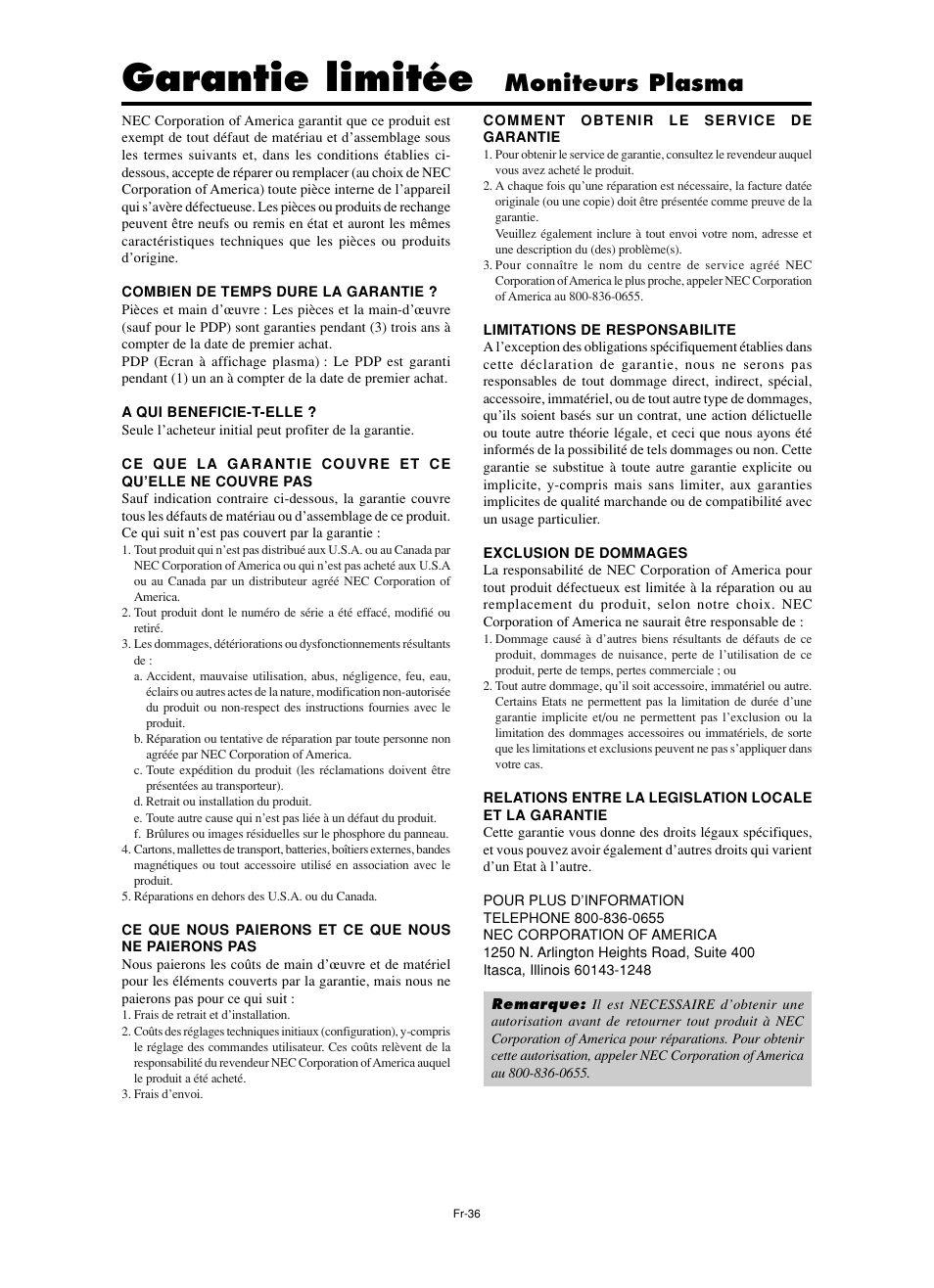 Garantie limitée, Moniteurs plasma | NEC split screen Model User Manual | Page 74 / 148