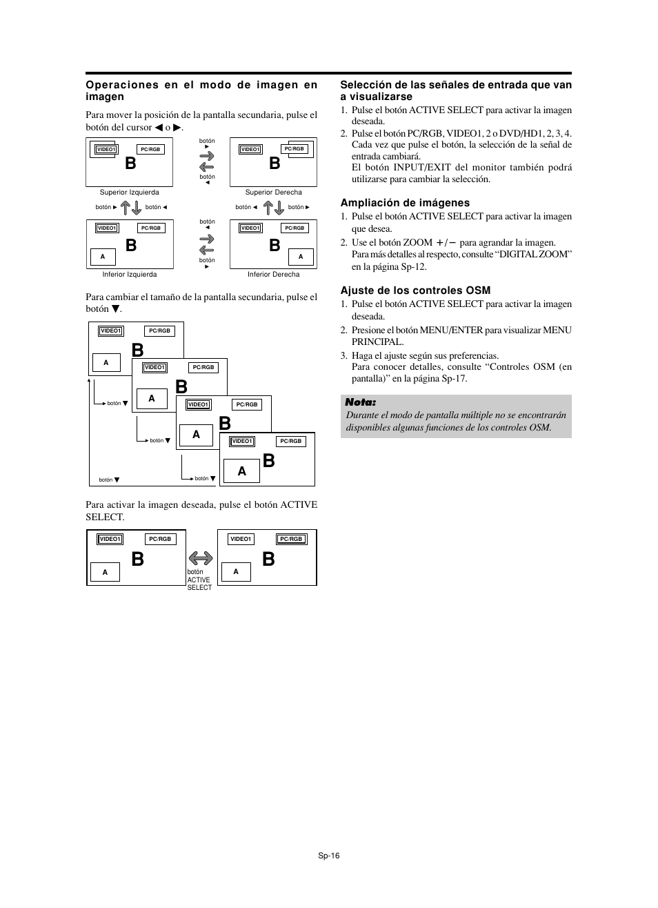 Operaciones en el modo de imagen en imagen, Ampliación de imágenes, Ajuste de los controles osm | NEC split screen Model User Manual | Page 90 / 148