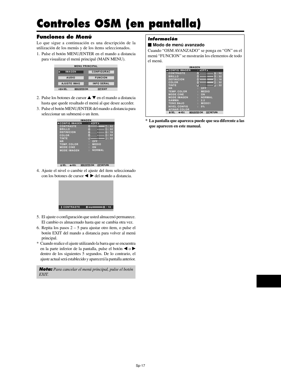 Controles osm (en pantalla), Funciones de menú, Del mando a distancia | NEC split screen Model User Manual | Page 91 / 148