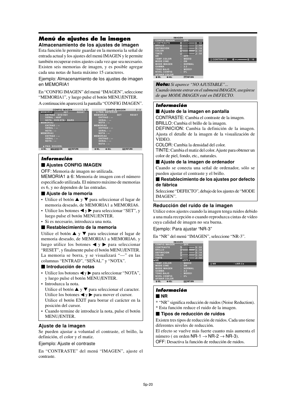 Menú de ajustes de la imagen, Ajuste de la imagen, Almacenamiento de los ajustes de imagen | Reducción del ruido de la imagen | NEC split screen Model User Manual | Page 94 / 148