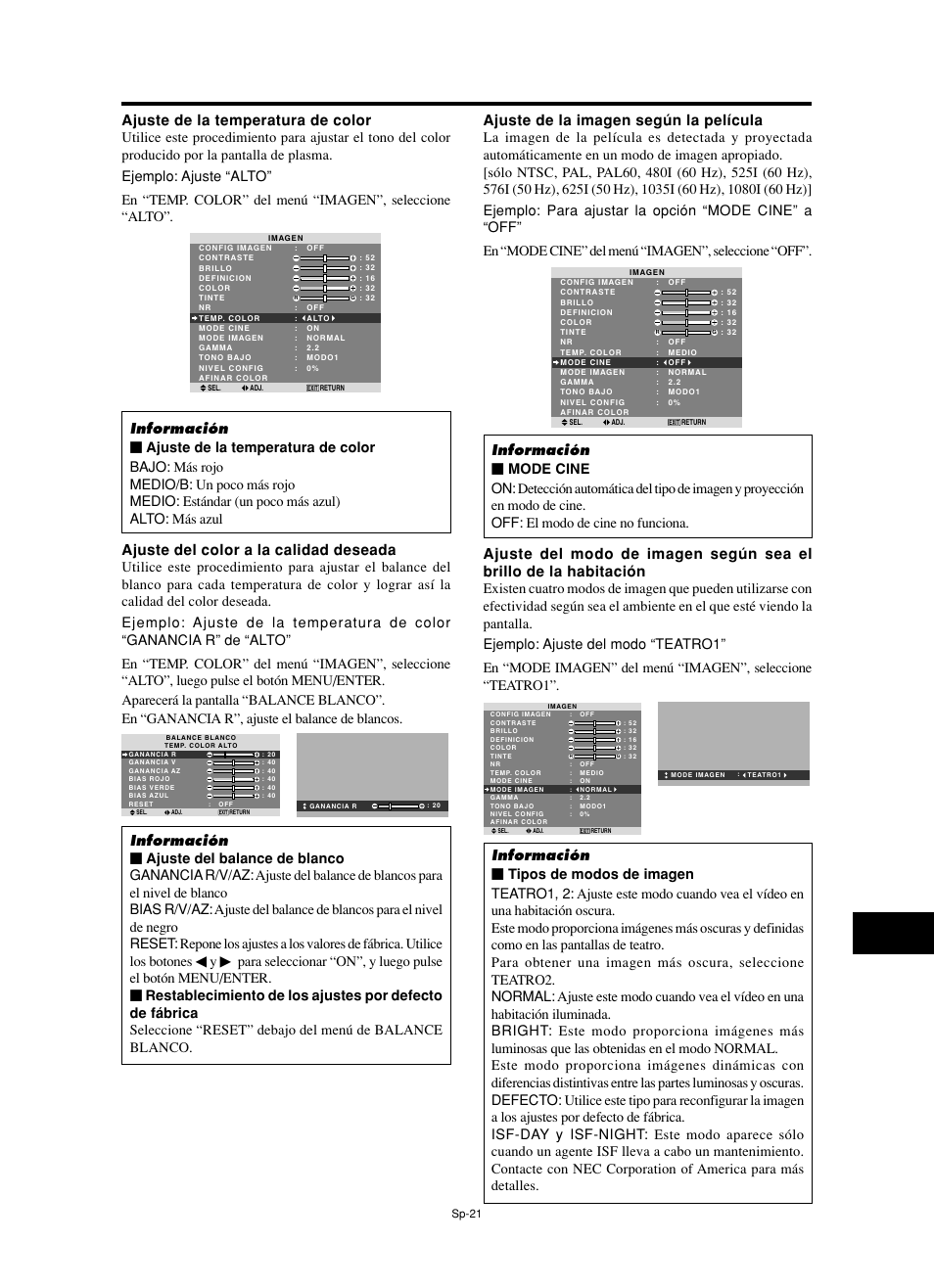 Ajuste de la temperatura de color, Ajuste del color a la calidad deseada, Ajuste de la imagen según la película | NEC split screen Model User Manual | Page 95 / 148