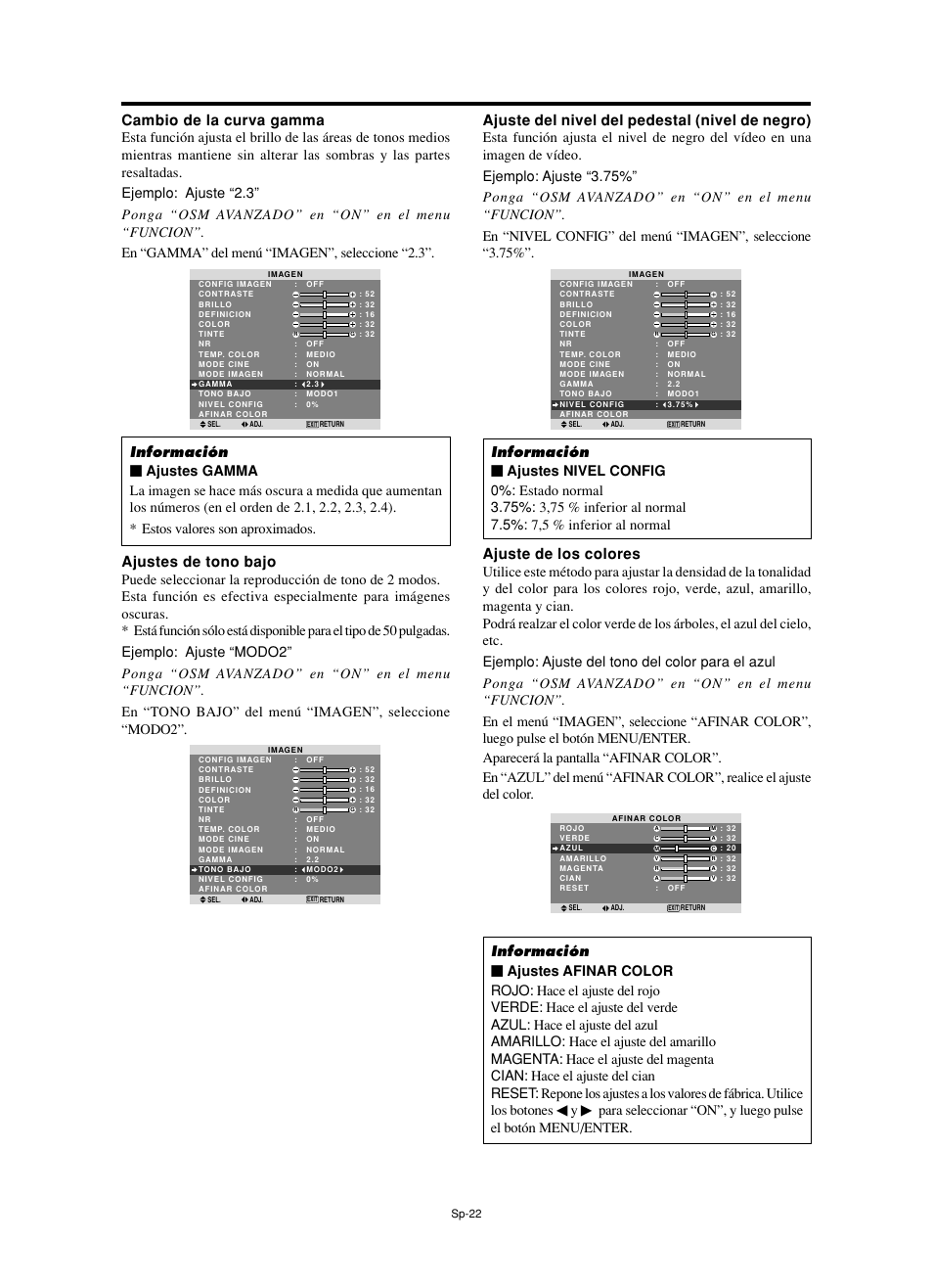 Ajuste de los colores, Ajuste del nivel del pedestal (nivel de negro), Cambio de la curva gamma | Ajustes de tono bajo | NEC split screen Model User Manual | Page 96 / 148