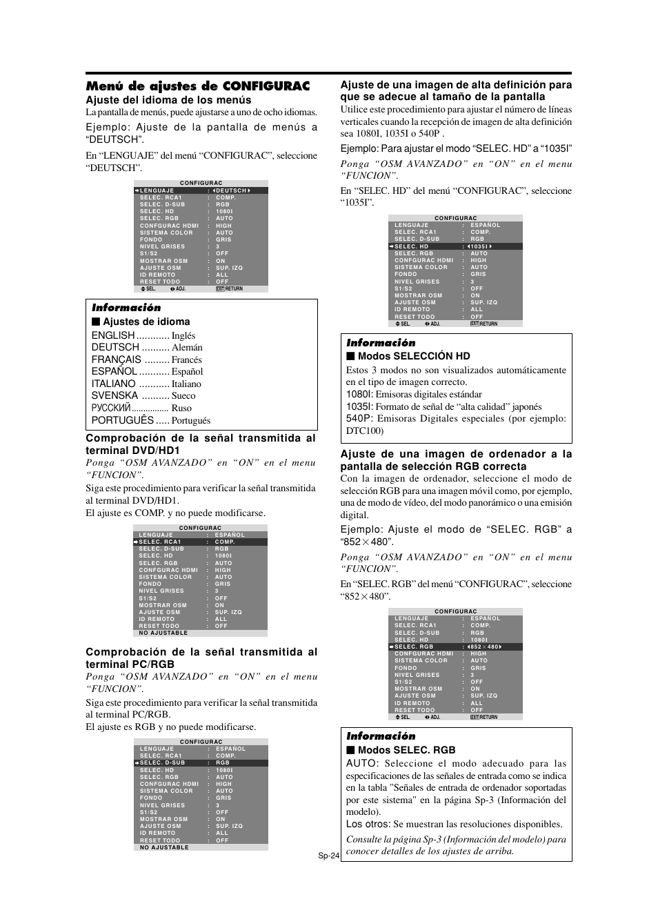 Menú de ajustes de configurac, Ajuste del idioma de los menús | NEC split screen Model User Manual | Page 98 / 148