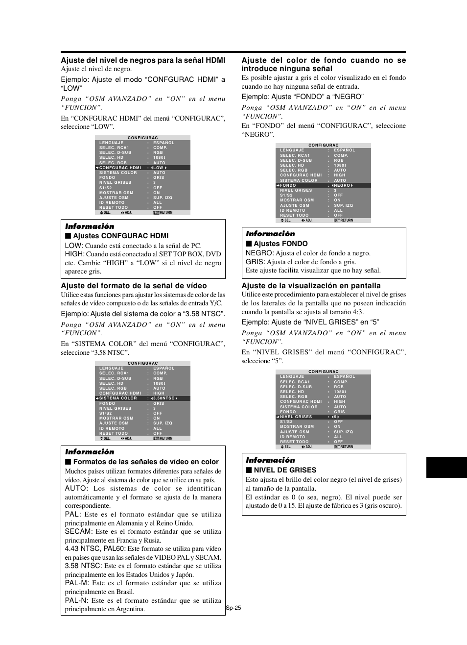 Ajuste del nivel de negros para la señal hdmi, Ajuste del formato de la señal de vídeo, Ajuste de la visualización en pantalla | NEC split screen Model User Manual | Page 99 / 148