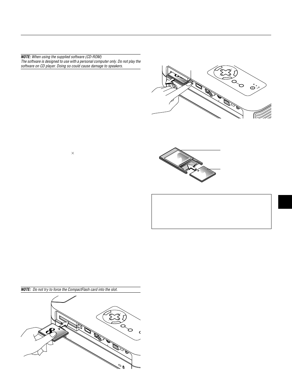 Using the pc card viewer function, Inserting and ejecting a compactflash card, E – 41 | Features, Easy to use, High quality images, Simple utility software (for computer), Inserting the compactflash card, Compactflash card type, The pc card slot accepts compactflash only | NEC LT155 User Manual | Page 41 / 56