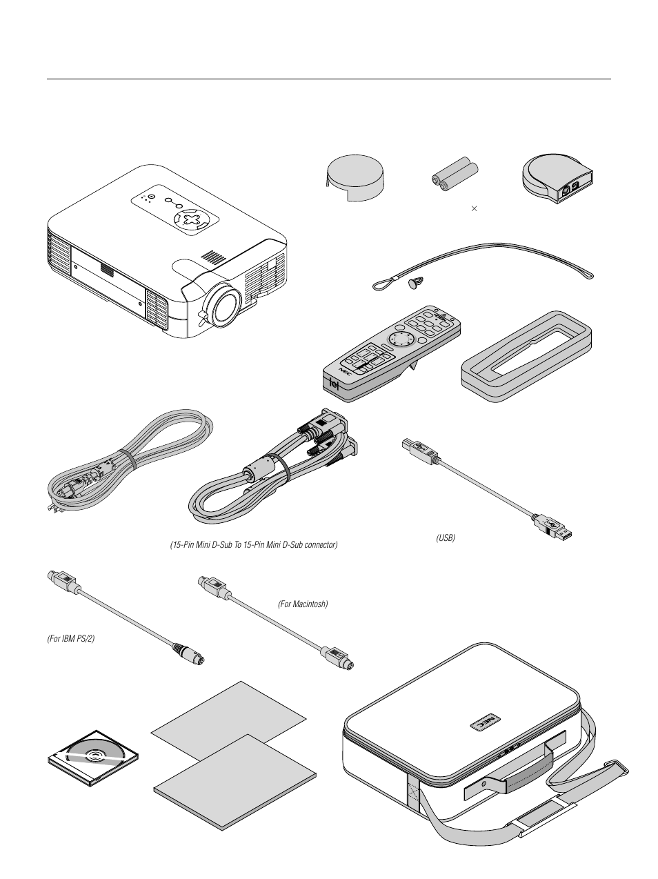 Quick connect guide user's manual, What's in the box, E – 6 | Pin mini d-sub to 15-pin mini d-sub connector), For ibm ps/2), For macintosh), Usb), Mouse adapter, Cd-rom remote control mouse adapter | NEC LT155 User Manual | Page 6 / 56