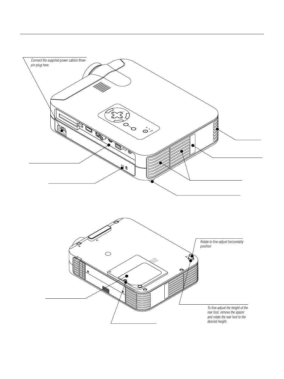 Rear/side features, Bottom, E – 8 | Rotate to fine-adjust horizontally position, Ac input, Lamp cover lamp cover screw rear foot, Spacer (black rubber) | NEC LT155 User Manual | Page 8 / 56