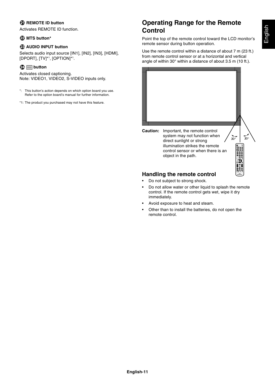 Operating range for the remote control, English, Handling the remote control | NEC MultiSync S521 User Manual | Page 13 / 39