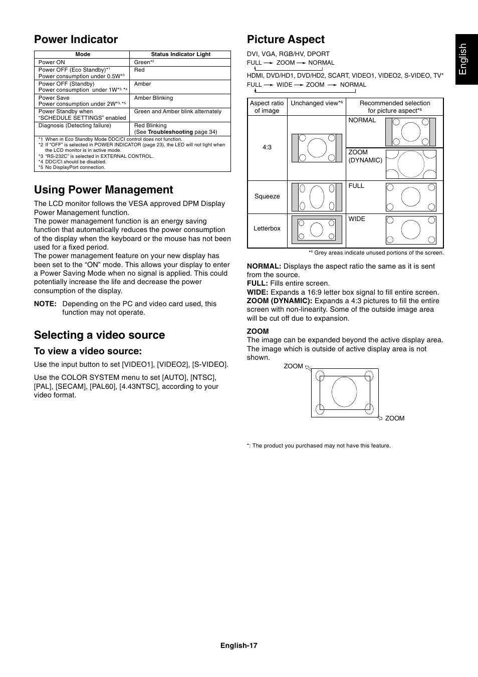 Using power management, Selecting a video source, Power indicator | Picture aspect, English | NEC MultiSync S521 User Manual | Page 19 / 39