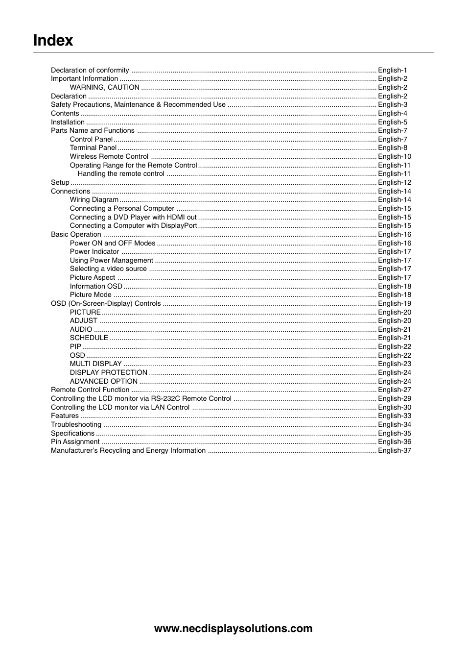 Index | NEC MultiSync S521 User Manual | Page 2 / 39