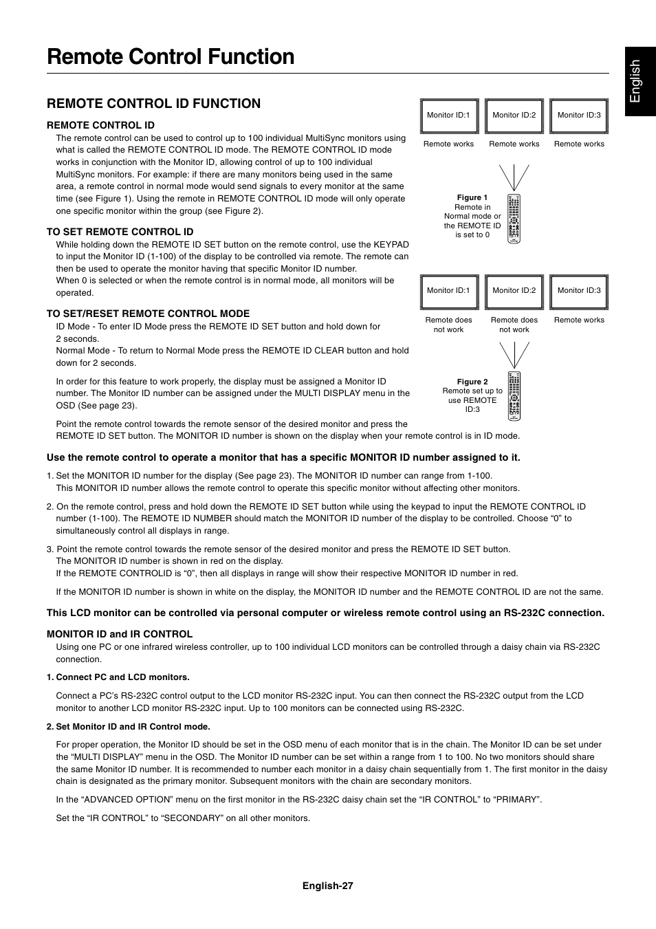 Remote control function, English remote control id function | NEC MultiSync S521 User Manual | Page 29 / 39