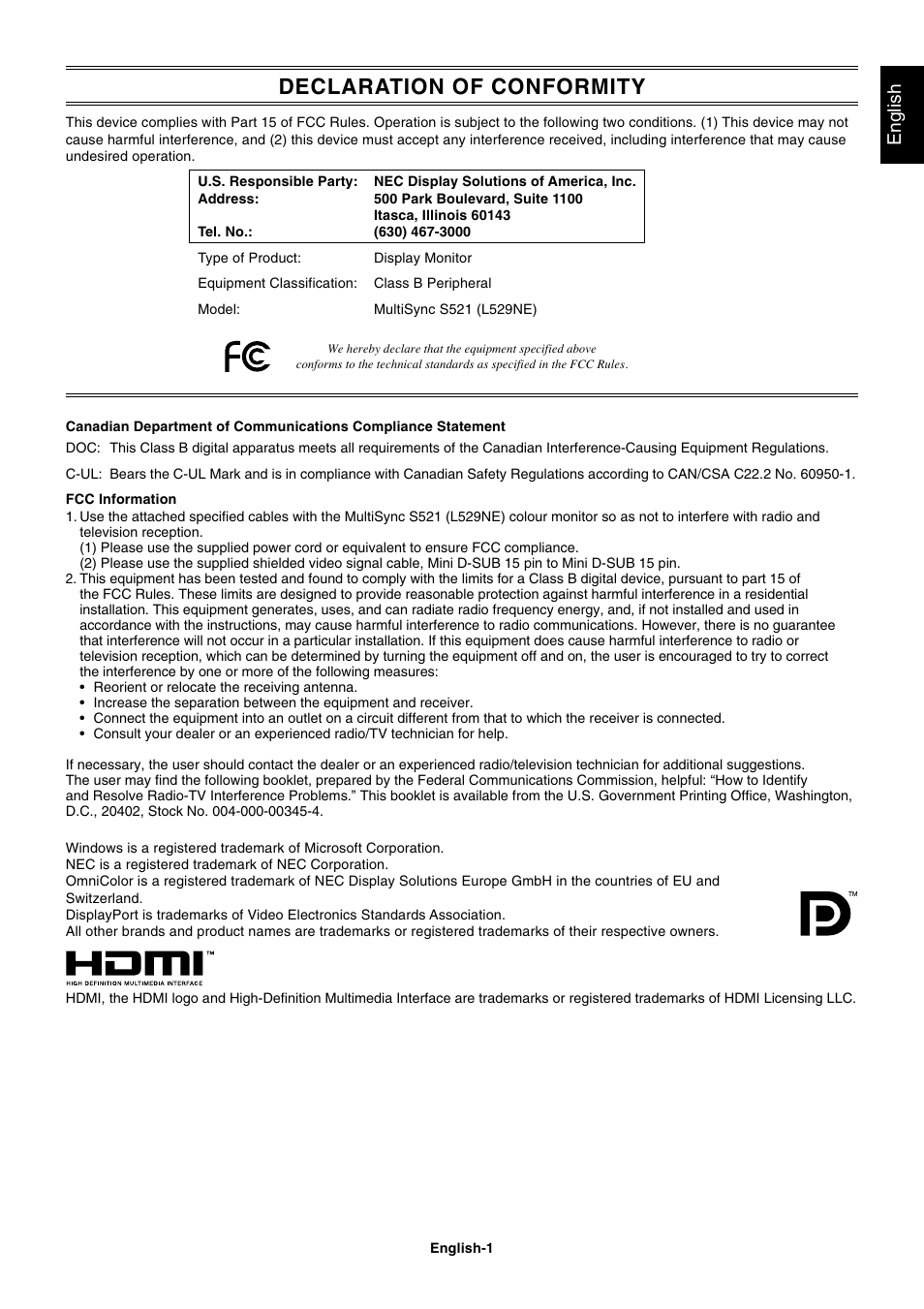 Declaration of conformity, English | NEC MultiSync S521 User Manual | Page 3 / 39