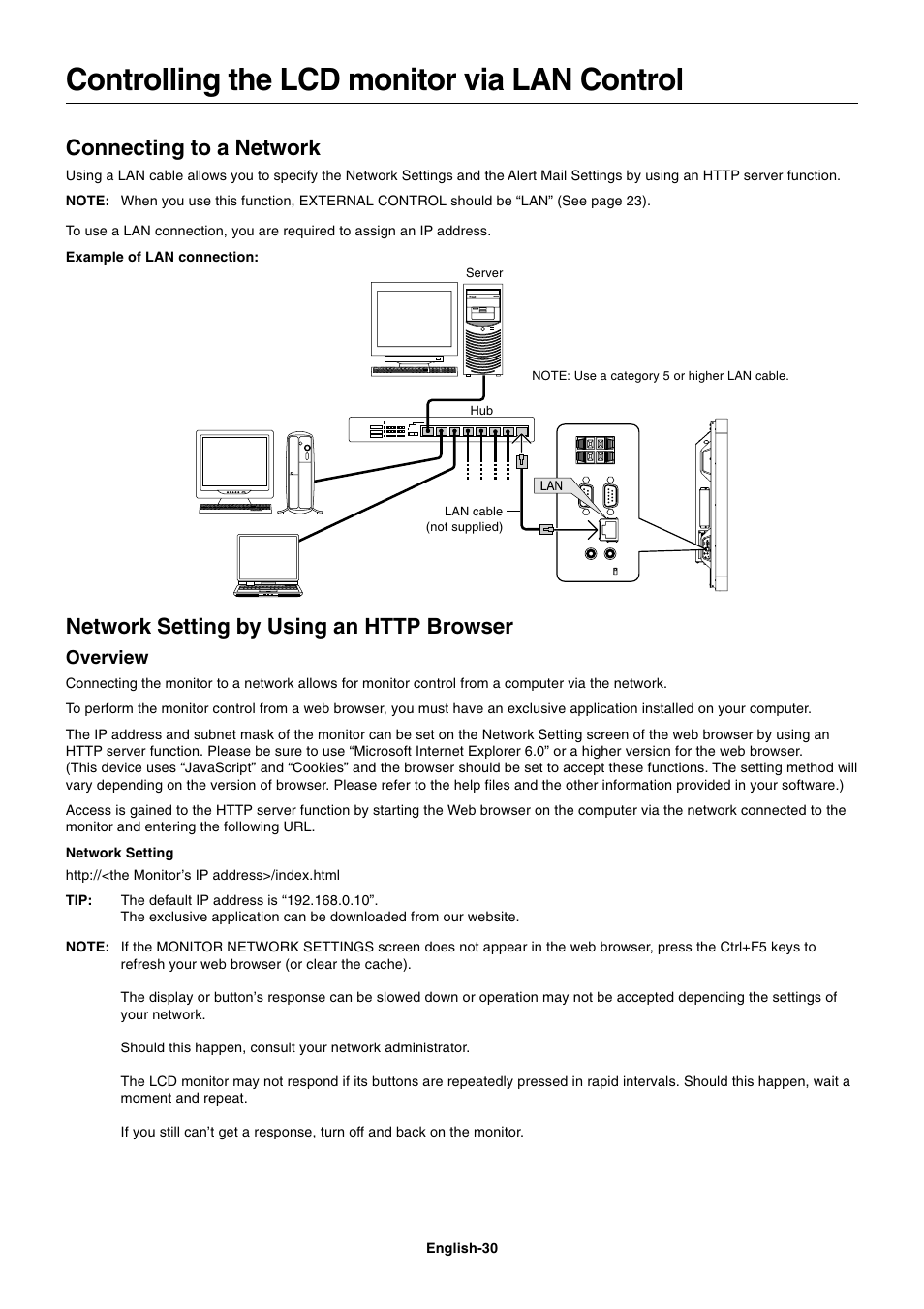 Controlling the lcd monitor via lan control, Connecting to a network, Overview | NEC MultiSync S521 User Manual | Page 32 / 39