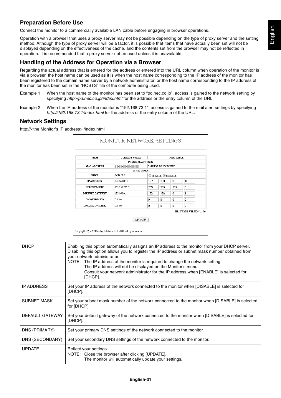 English preparation before use, Network settings | NEC MultiSync S521 User Manual | Page 33 / 39