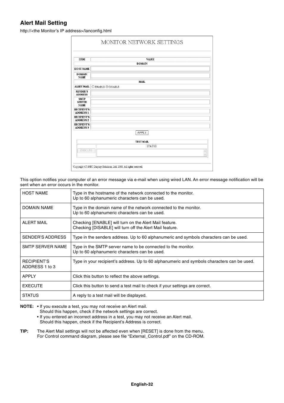 Alert mail setting | NEC MultiSync S521 User Manual | Page 34 / 39