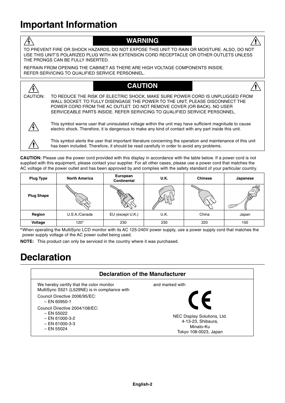 Important information, Warning, Caution | Declaration, Warning caution, Declaration of the manufacturer | NEC MultiSync S521 User Manual | Page 4 / 39