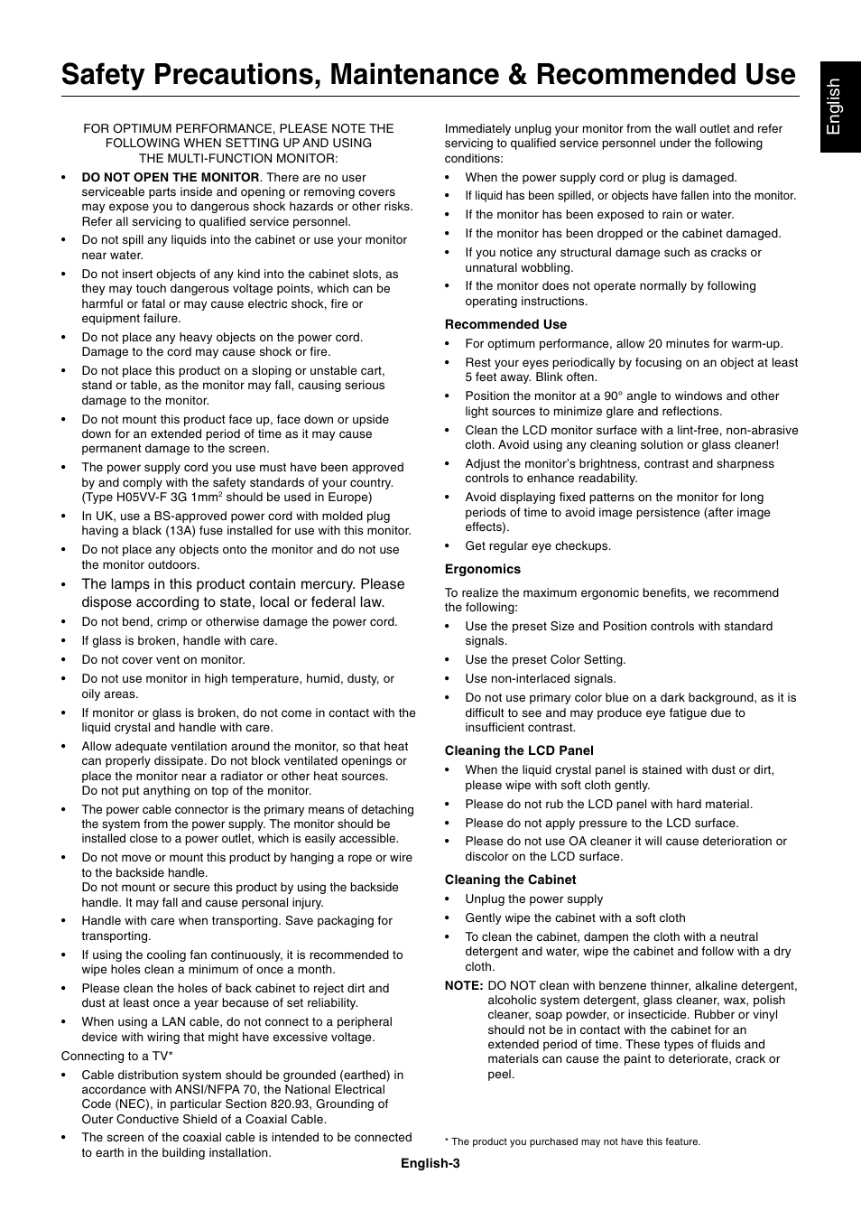 Safety precautions, maintenance & recommended use, English | NEC MultiSync S521 User Manual | Page 5 / 39