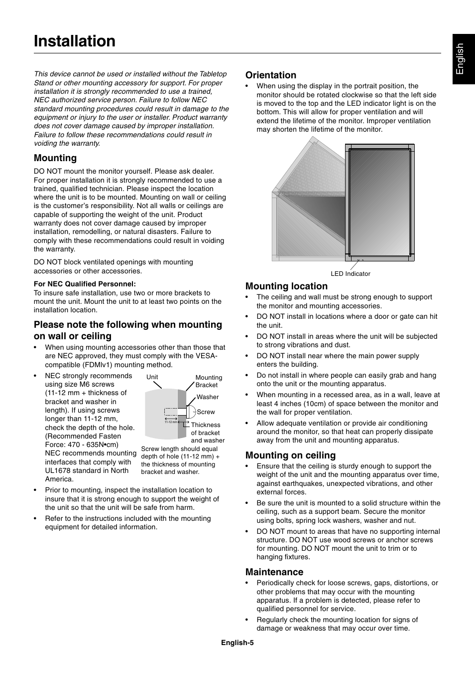 Installation, English, Mounting | Mounting location, Mounting on ceiling, Maintenance, Orientation | NEC MultiSync S521 User Manual | Page 7 / 39