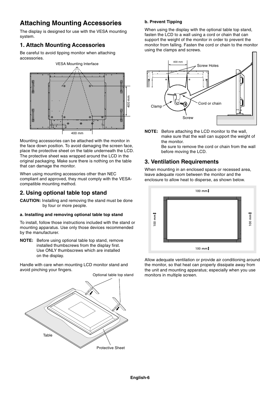 Attaching mounting accessories, Attach mounting accessories, Using optional table top stand | Ventilation requirements | NEC MultiSync S521 User Manual | Page 8 / 39
