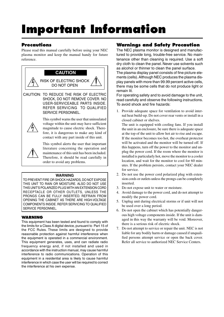 Important information | NEC 42MP1 User Manual | Page 2 / 54