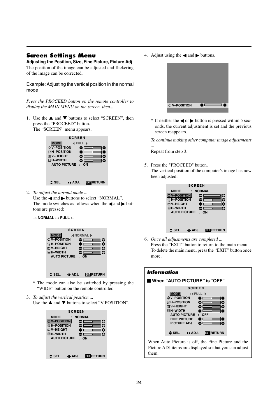Screen settings menu | NEC 42MP1 User Manual | Page 31 / 54