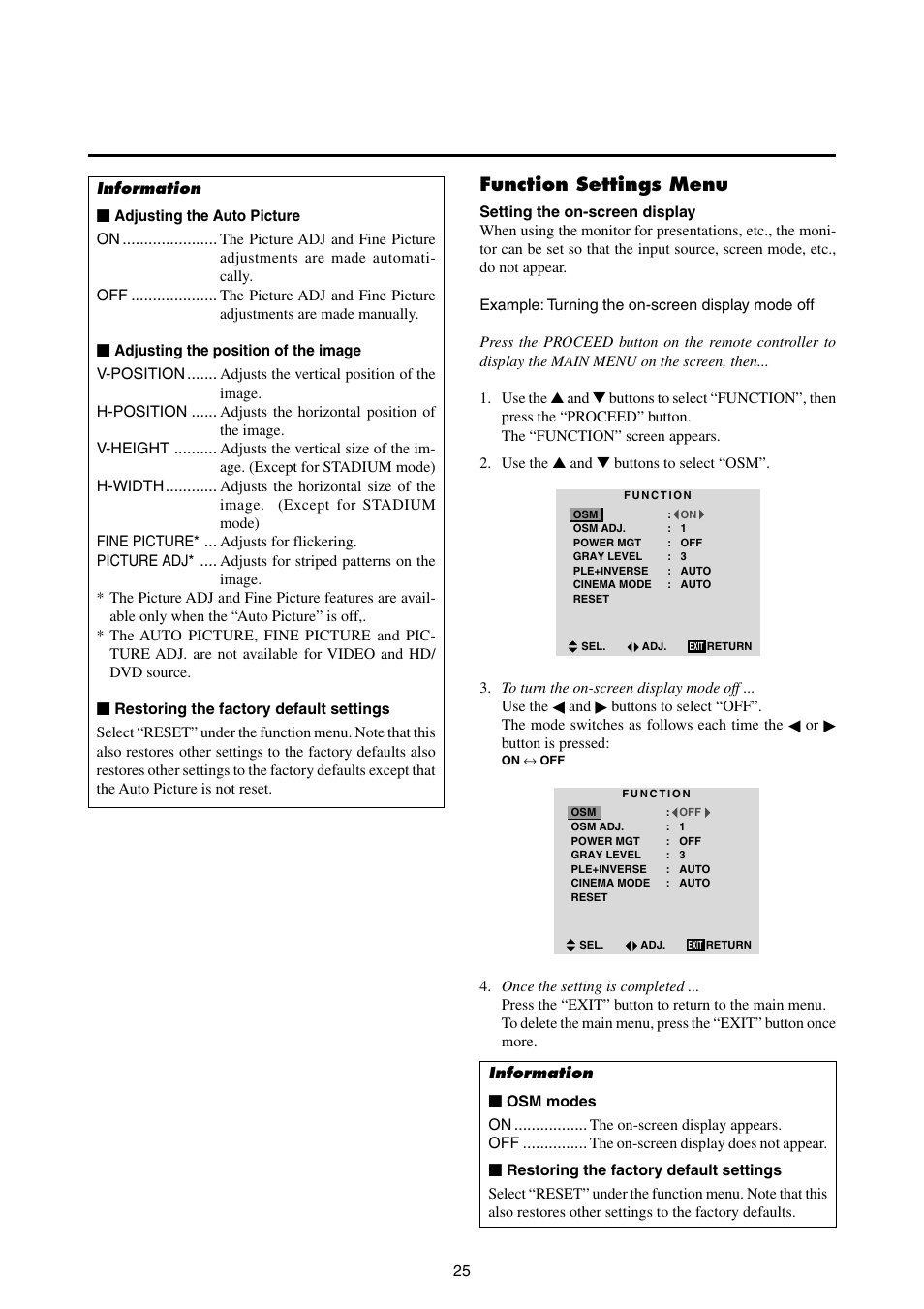 Function settings menu | NEC 42MP1 User Manual | Page 32 / 54