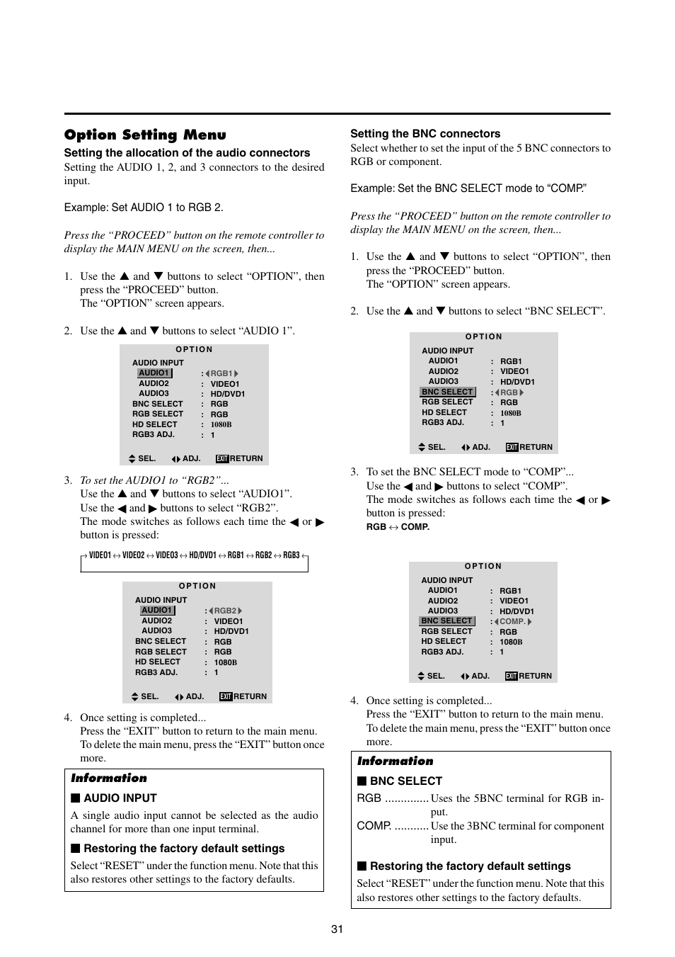 Option setting menu | NEC 42MP1 User Manual | Page 38 / 54
