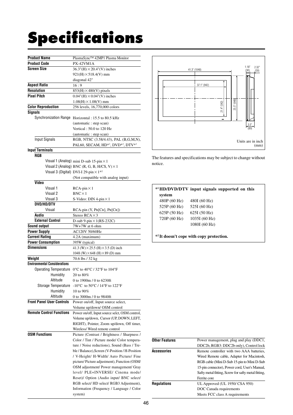 Specifications | NEC 42MP1 User Manual | Page 53 / 54