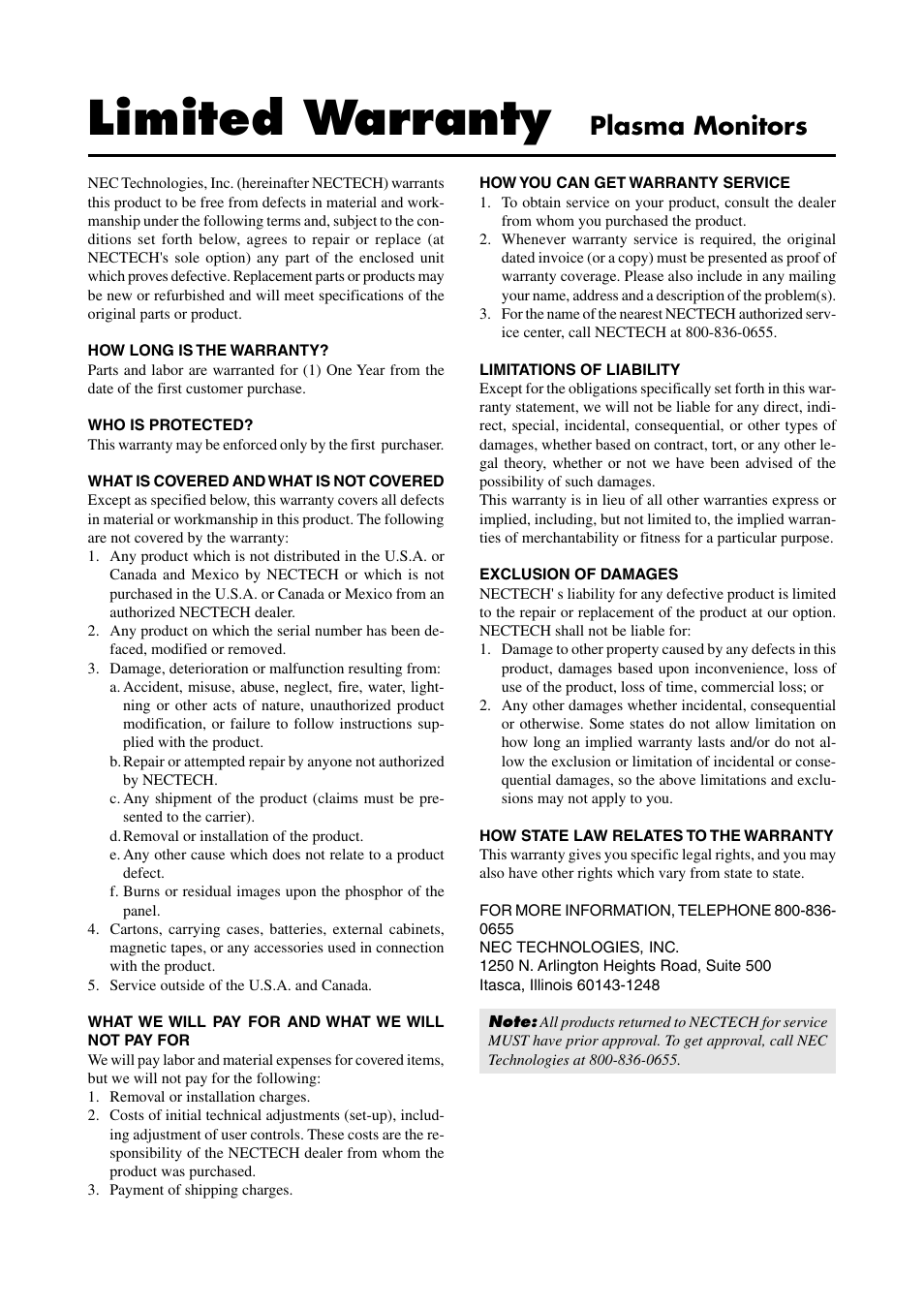 Limited warranty, Plasma monitors | NEC 42MP1 User Manual | Page 6 / 54