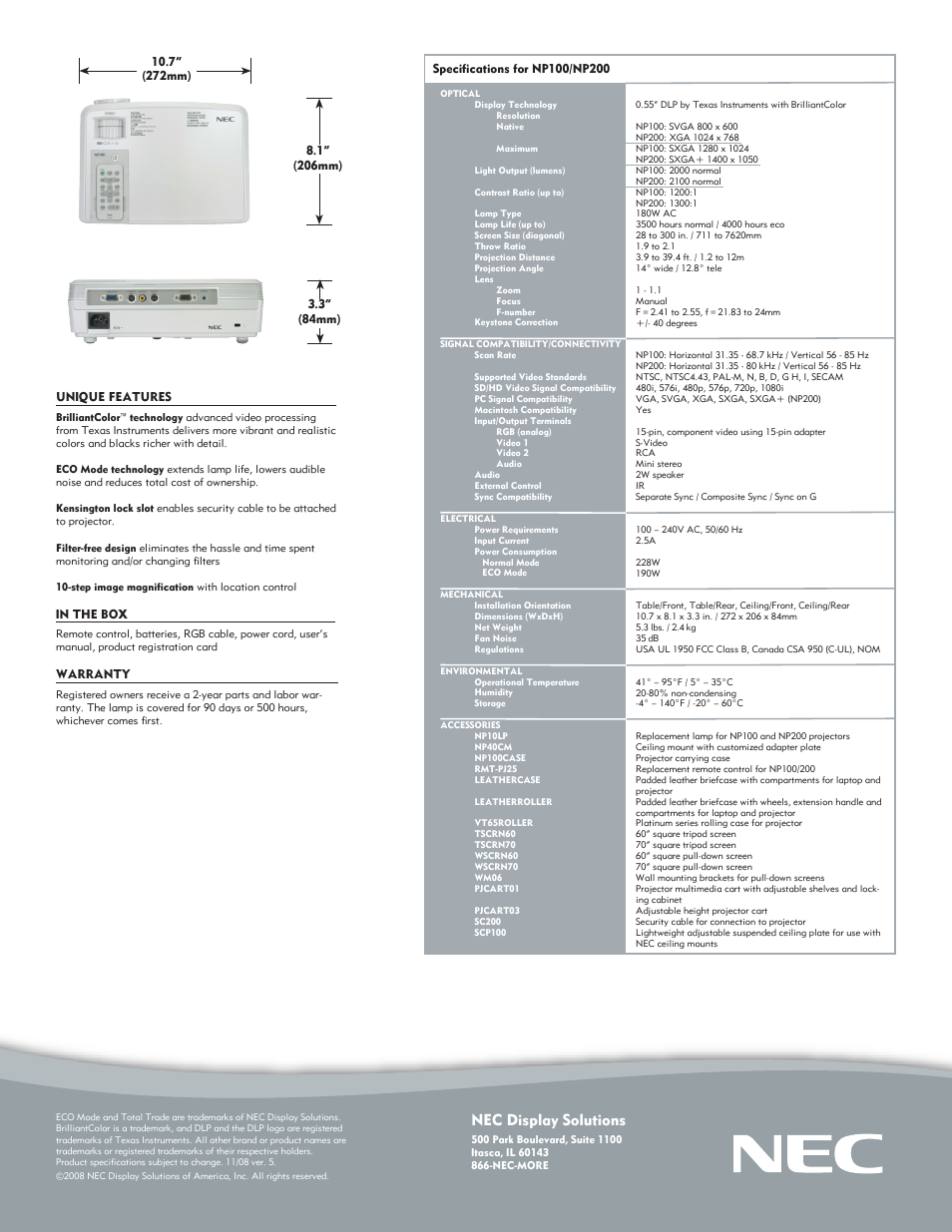 Nec display solutions | NEC NP100 User Manual | Page 2 / 2