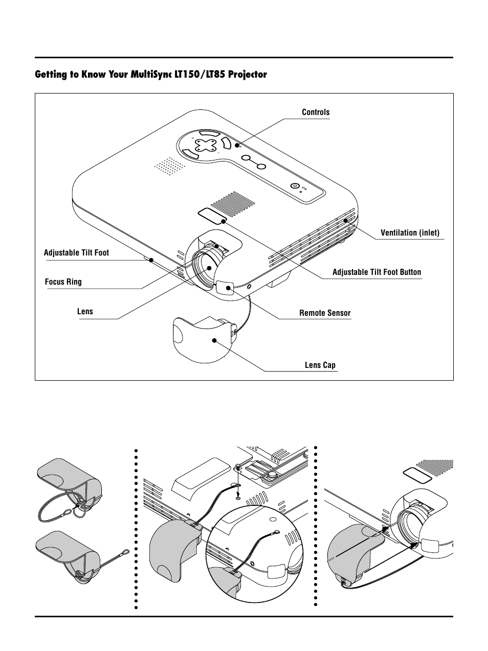 Attaching the lens cap | NEC LT150/LT85 User Manual | Page 11 / 62