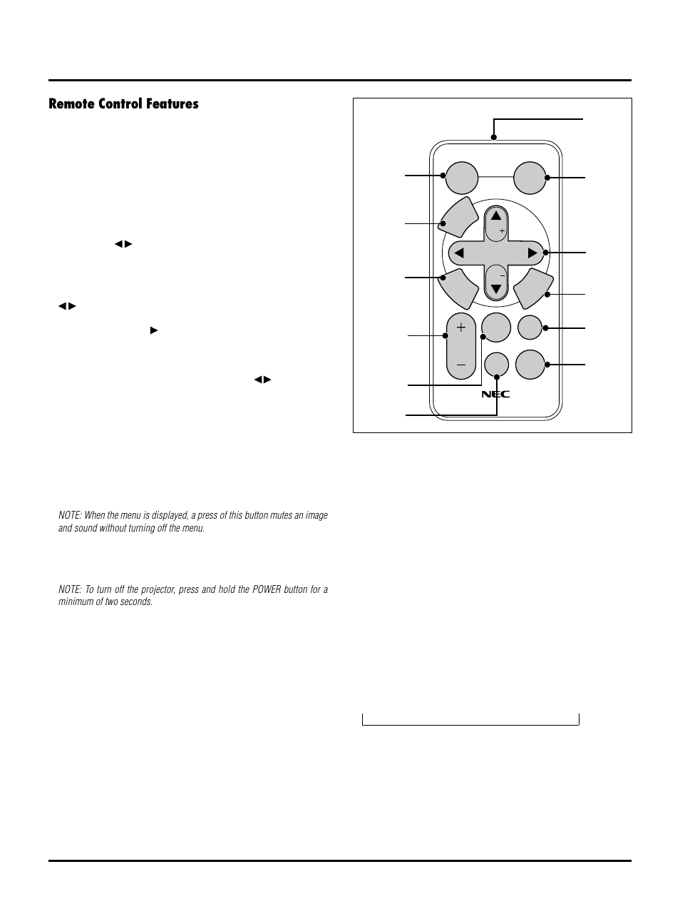 Remote control features | NEC LT150/LT85 User Manual | Page 15 / 62