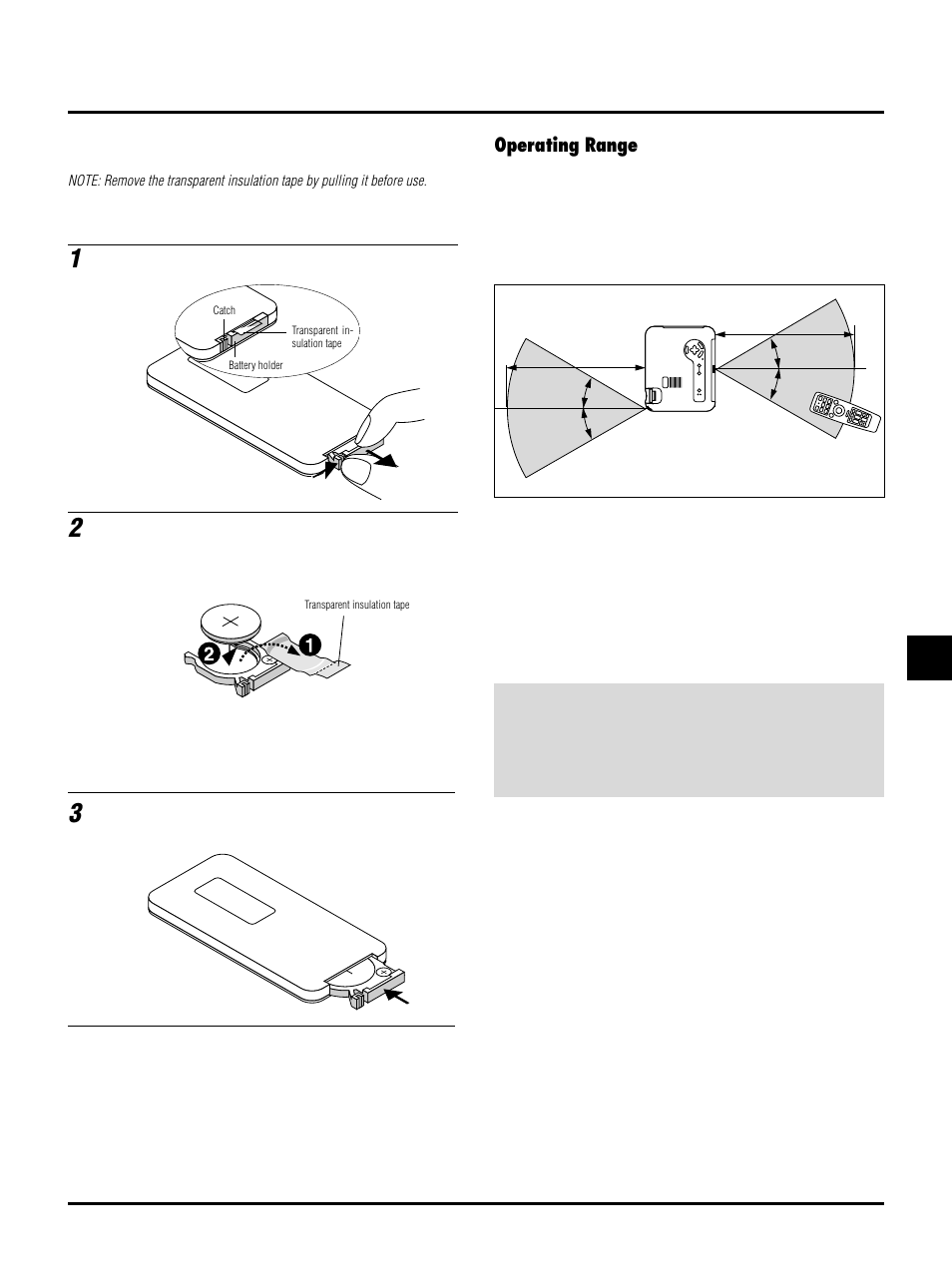 Operating range, E–13, Remote control battery installation | Remote control precautions, Caution | NEC LT150/LT85 User Manual | Page 16 / 62