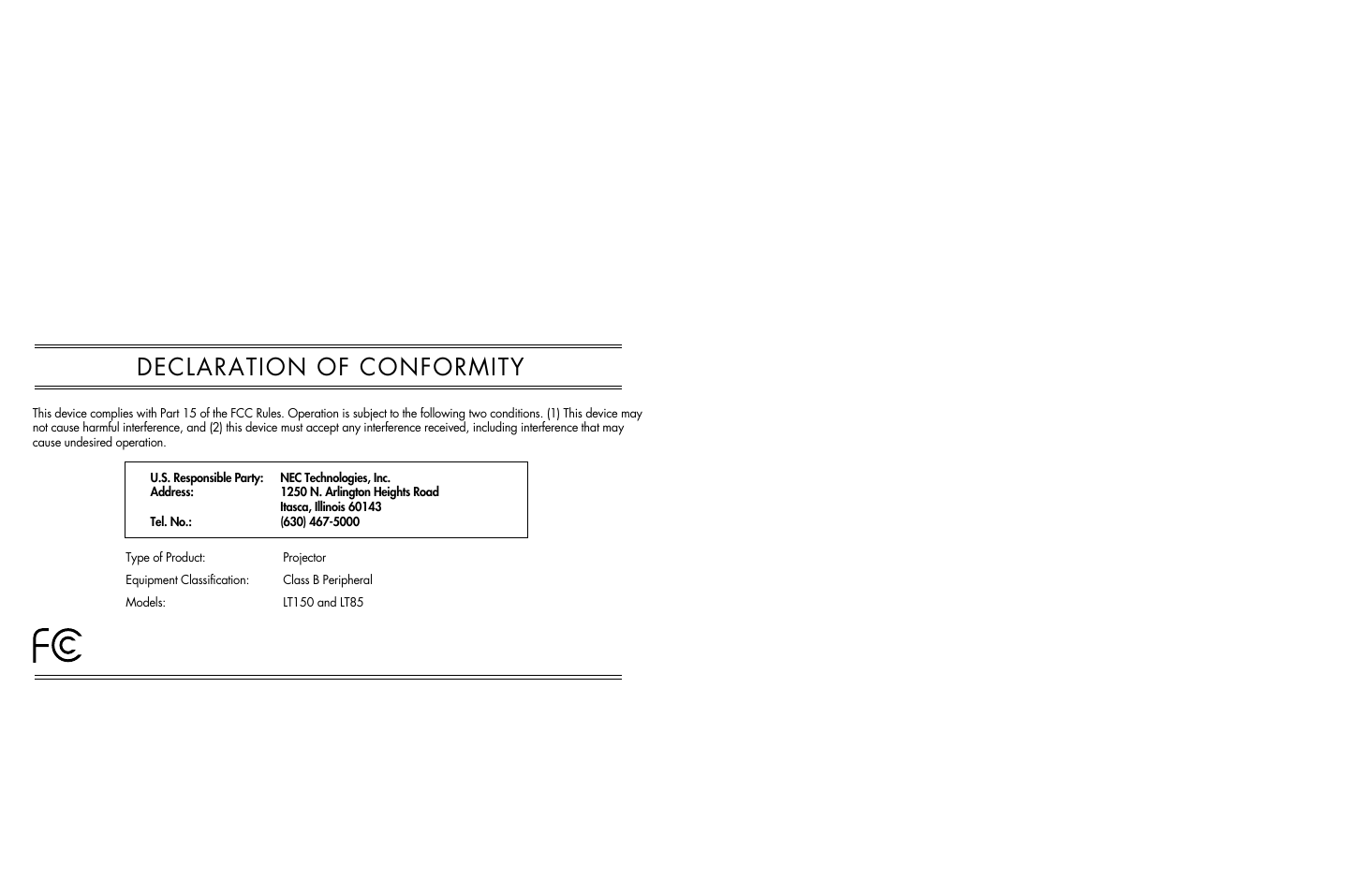 Declaration of conformity | NEC LT150/LT85 User Manual | Page 2 / 62