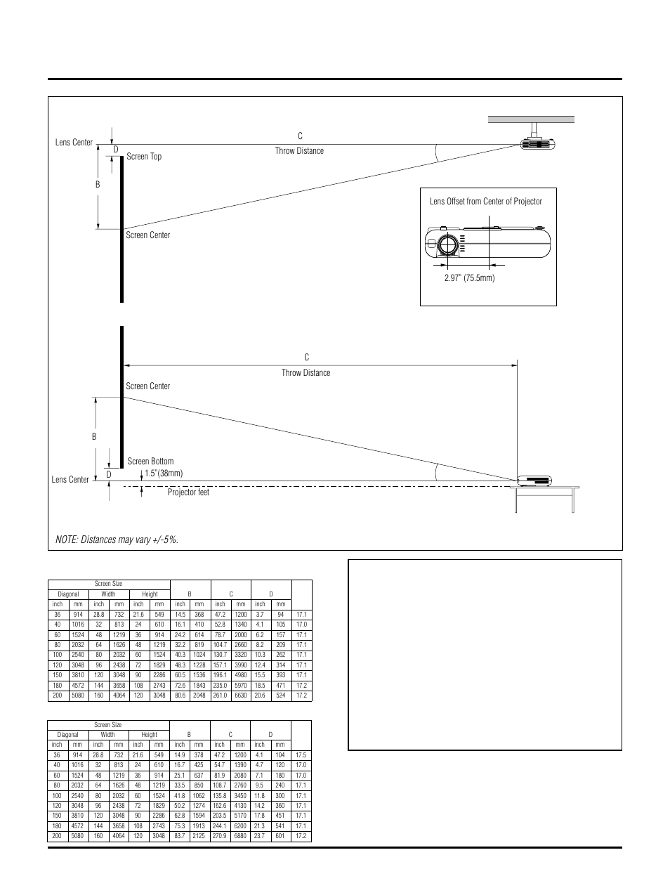 E–20 warning, Reflecting the image, Distance chart | Ceiling installation | NEC LT150/LT85 User Manual | Page 23 / 62