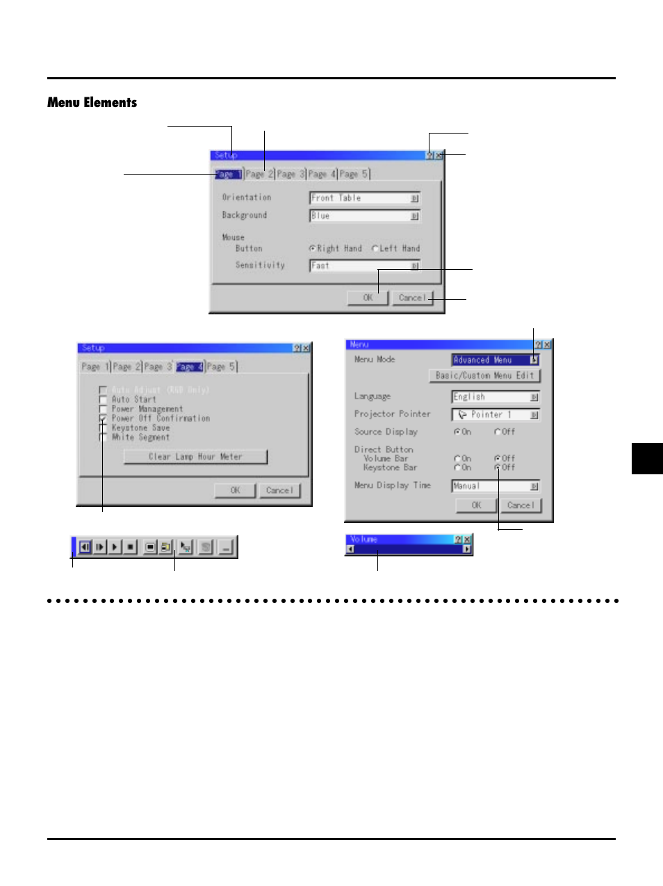 Menu elements | NEC LT150/LT85 User Manual | Page 38 / 62