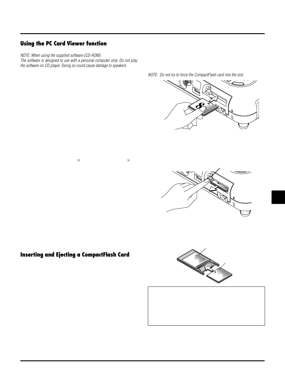 Using the pc card viewer function, Inserting and ejecting a compactflash card, E–45 | Features, Easy to use, High quality images, Simple utility software (for computer), Inserting the compactflash card, Ejecting the compactflash card, Direction for inserting the compactflash card | NEC LT150/LT85 User Manual | Page 48 / 62