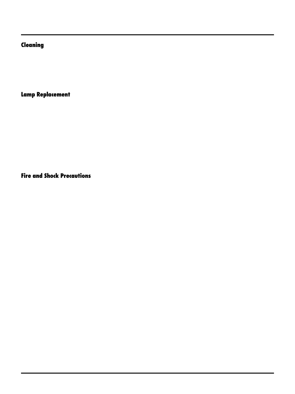 Cleaning, Lamp replacement, Fire and shock precautions | NEC LT150/LT85 User Manual | Page 7 / 62