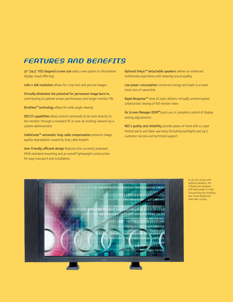 Features and benefits | NEC LCD3000 User Manual | Page 2 / 6