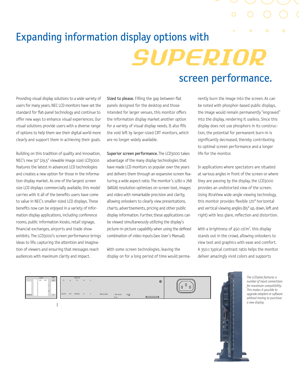 Superior, Expanding information display options with, Screen performance | NEC LCD3000 User Manual | Page 3 / 6