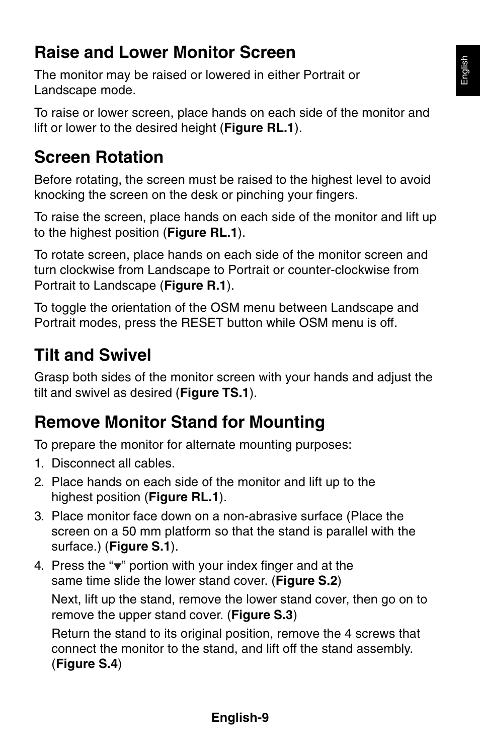 Raise and lower monitor screen, Screen rotation, Tilt and swivel | Remove monitor stand for mounting | NEC 1850X User Manual | Page 10 / 34