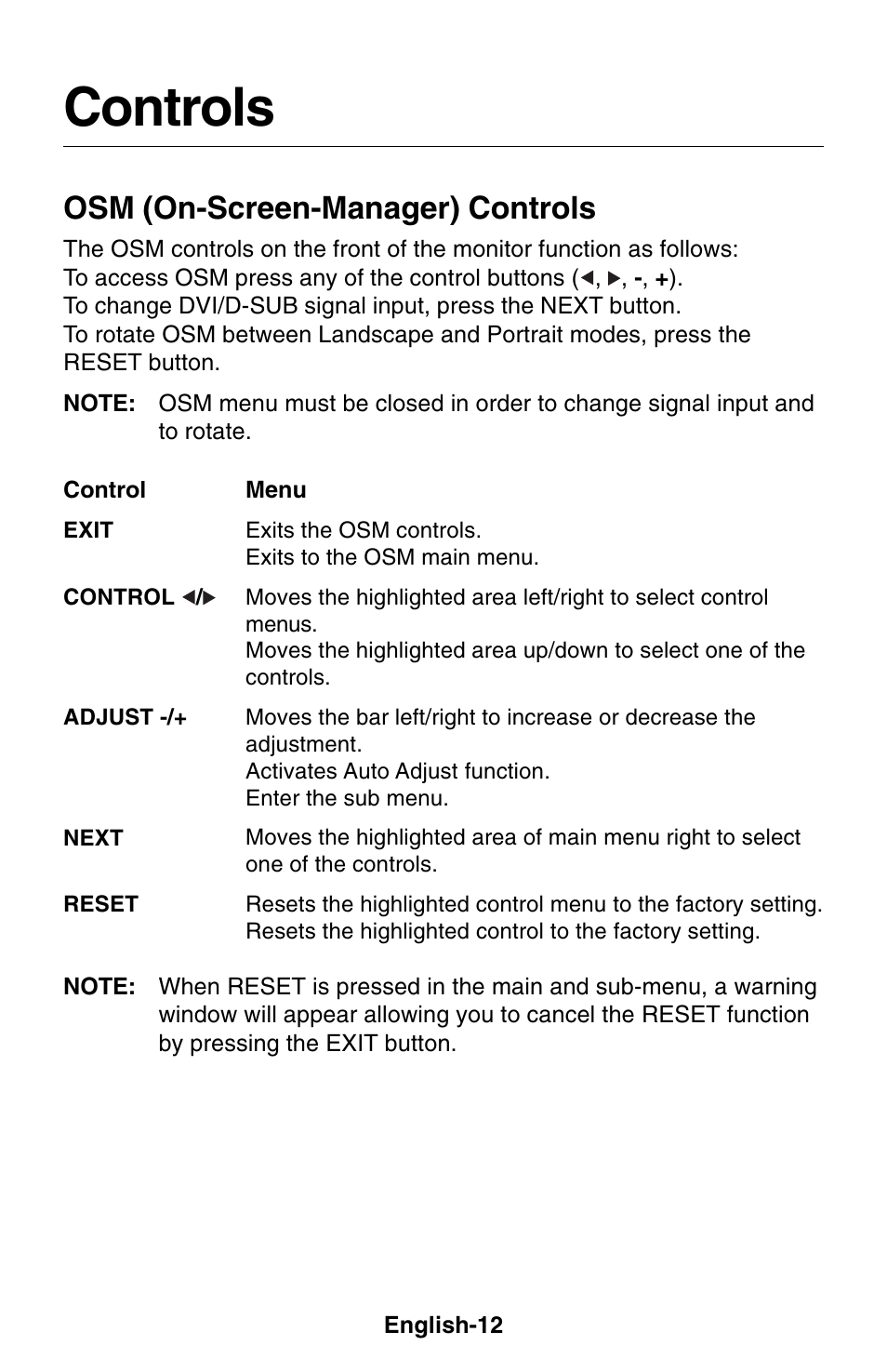 Controls, Osm (on-screen-manager) controls | NEC 1850X User Manual | Page 13 / 34