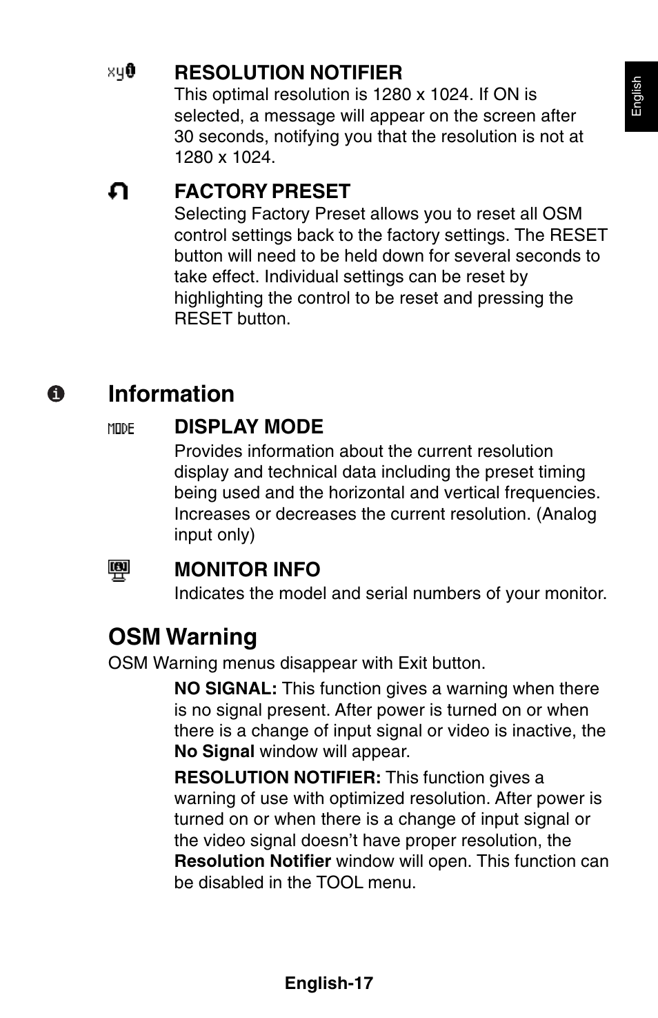 Information, Osm warning | NEC 1850X User Manual | Page 18 / 34