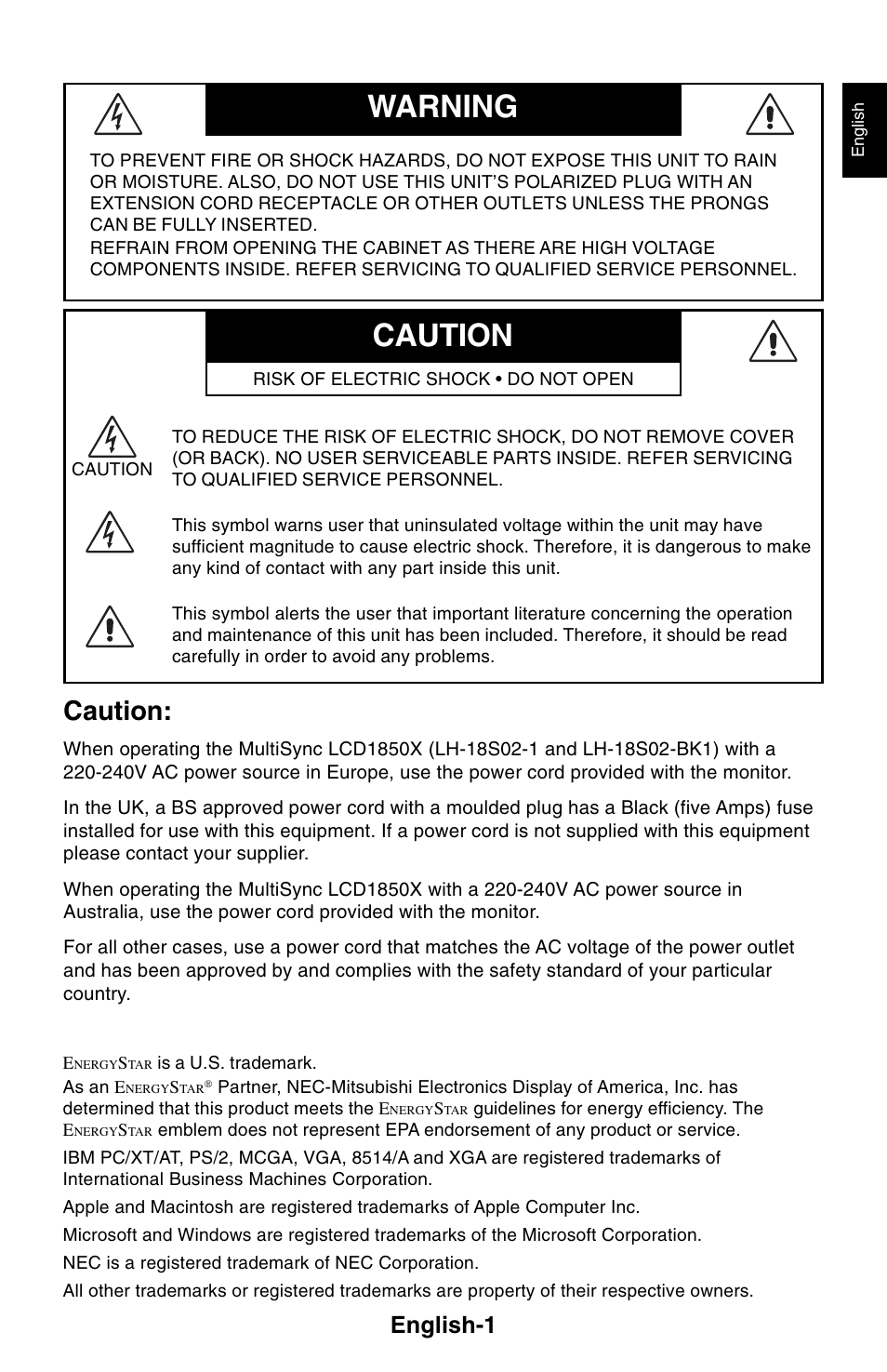 Caution warning, Caution, English-1 | NEC 1850X User Manual | Page 2 / 34