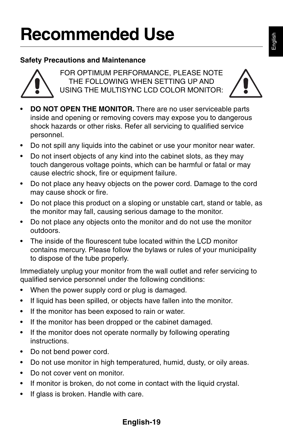 Recommended use | NEC 1850X User Manual | Page 20 / 34