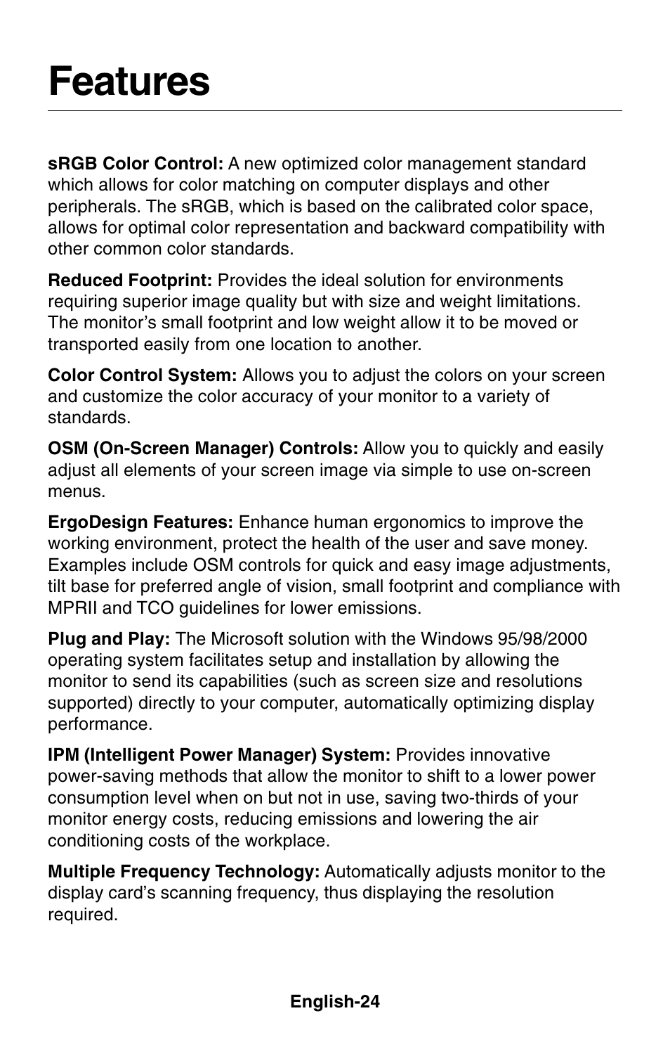 Features | NEC 1850X User Manual | Page 25 / 34