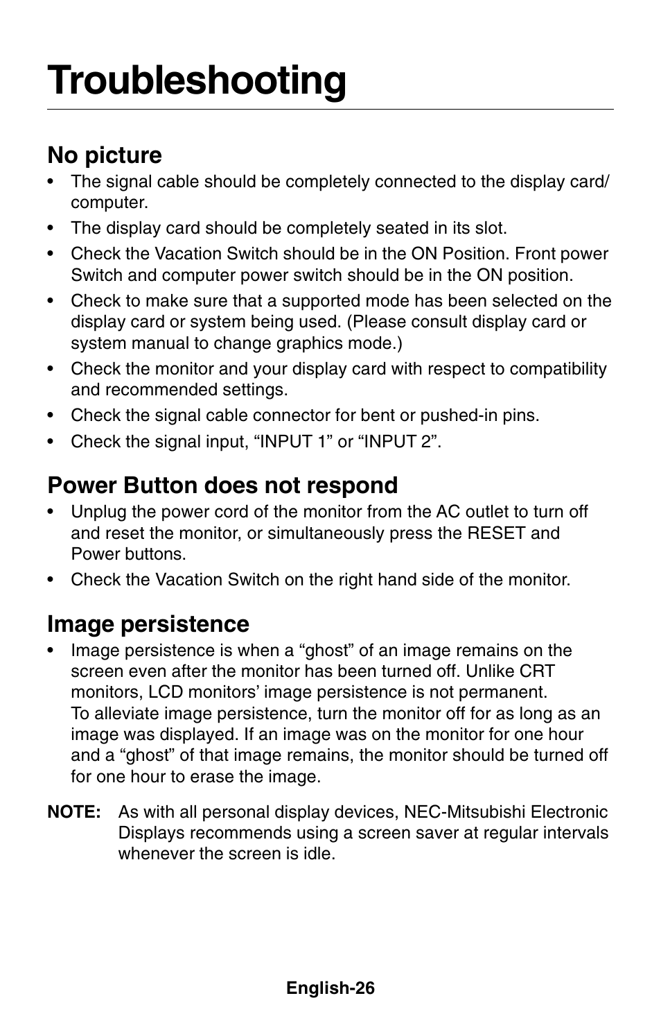 Troubleshooting, No picture, Power button does not respond | Image persistence | NEC 1850X User Manual | Page 27 / 34